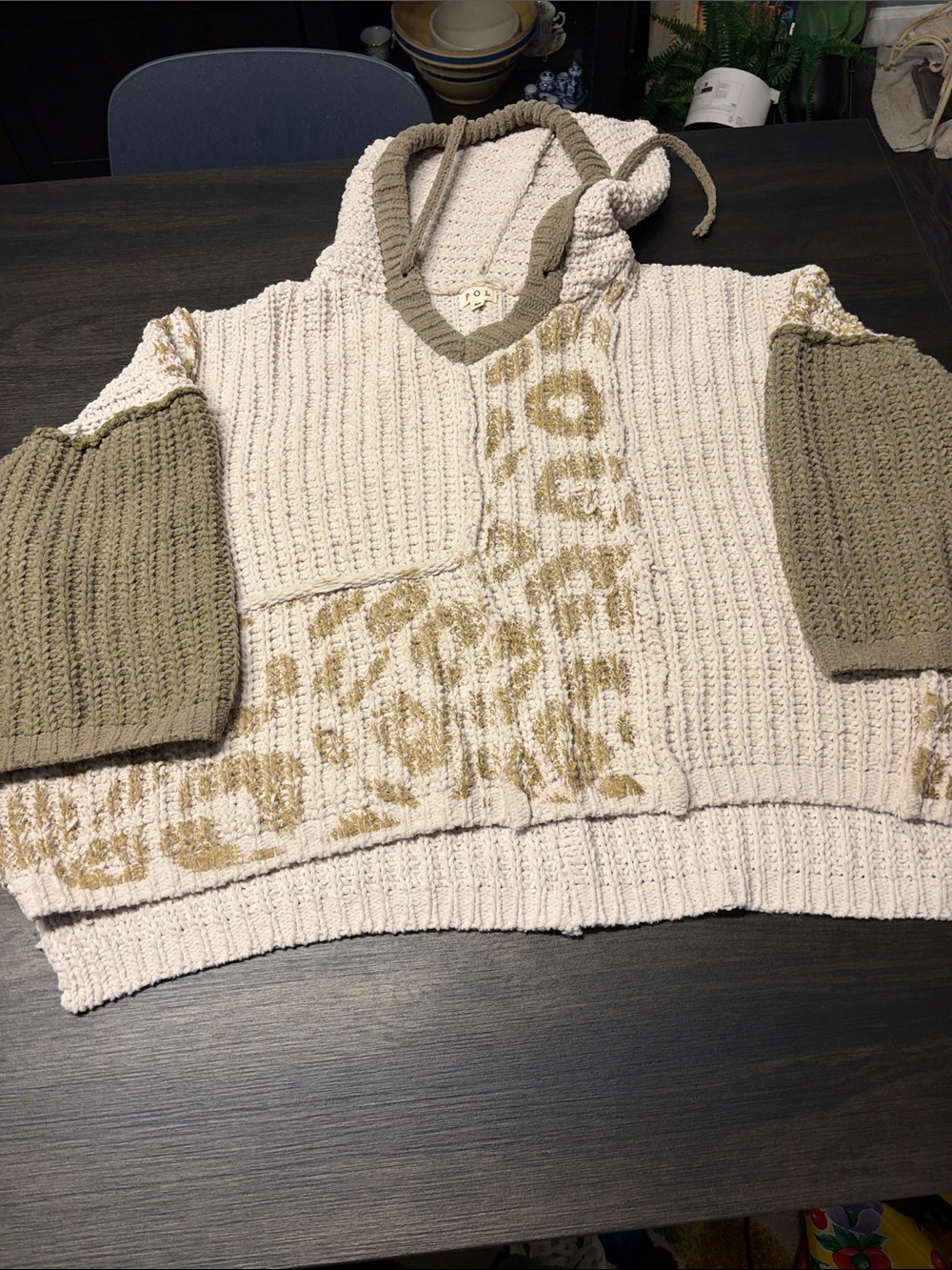 POL Clothing Mixed Texture Chenille Hooded Sweater Boho Leopard Patchwork M